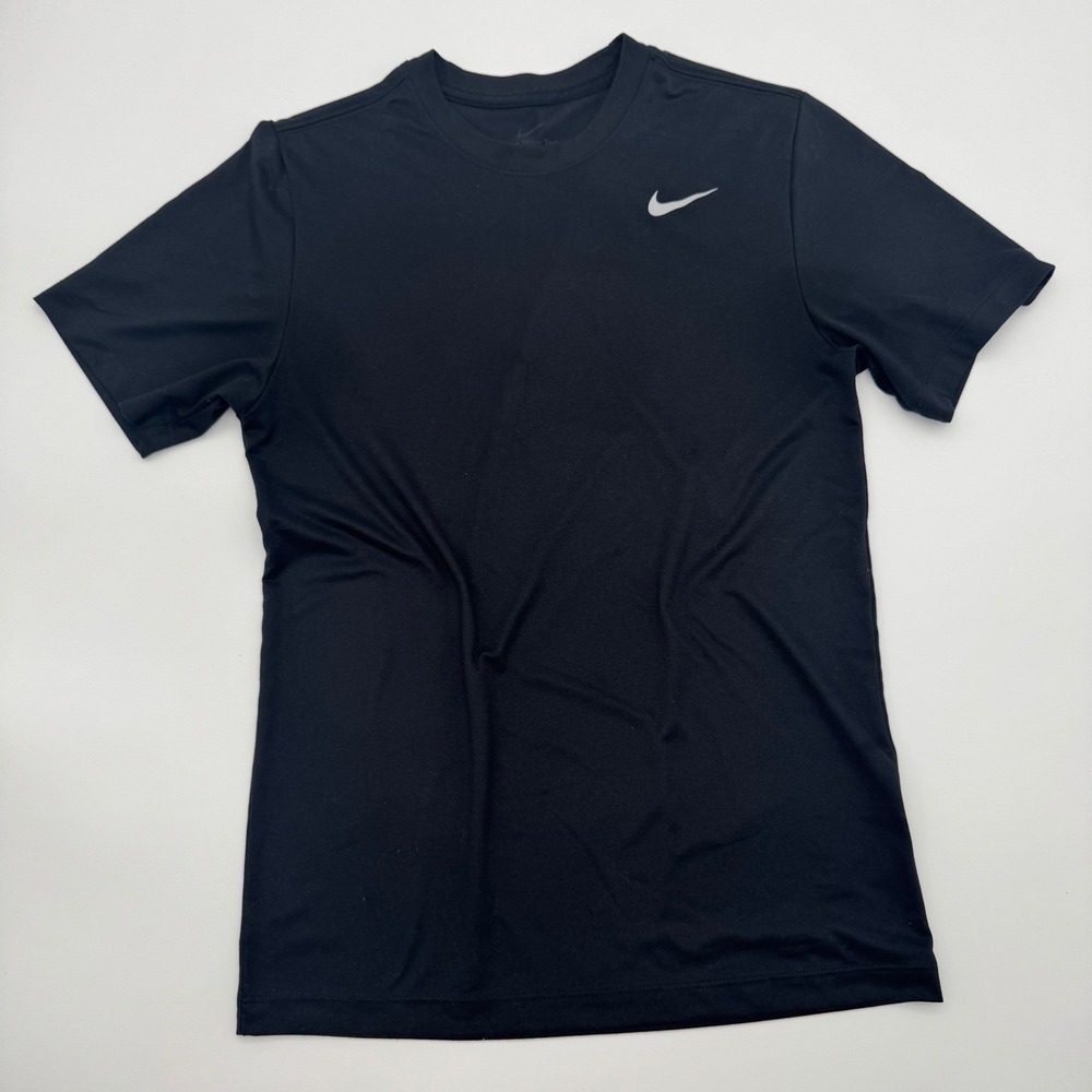 Nike Mens Dri-FIT Short Sleeve Performance T-Shirt Black Small Swoosh Logo - Picture 2 of 6